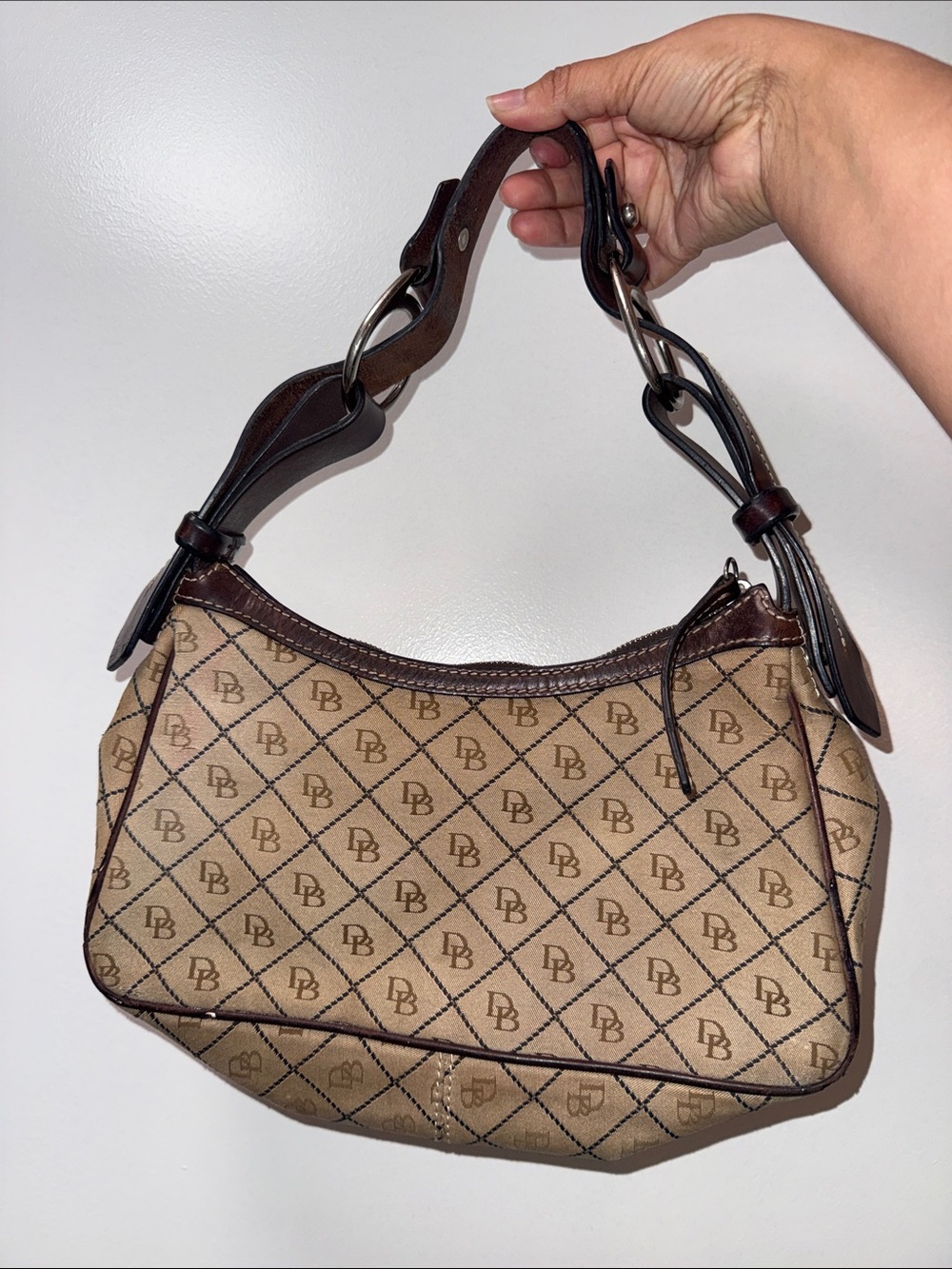 Dooney & Bourke Beige Monogram Shoulder Bag with Dark Brown Trim